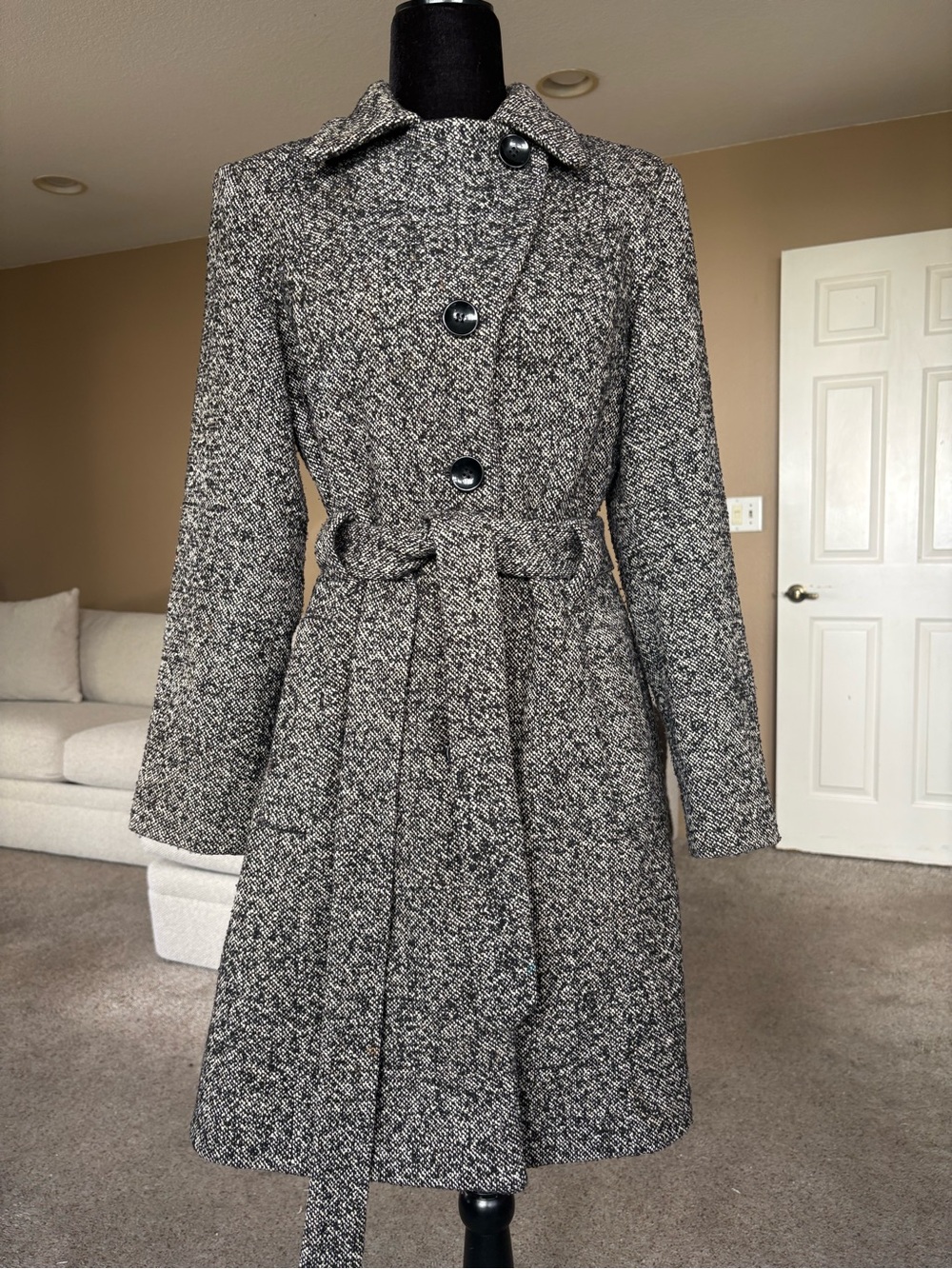 Vintage Bromley Collection Wool-Blend Black & White Tweed Belted Coat size m